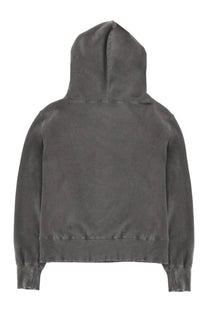 Our legacy men’s felpa relic grey hoodie is a dark gray relaxed fit with ribbed cuffs and a slightly faded look