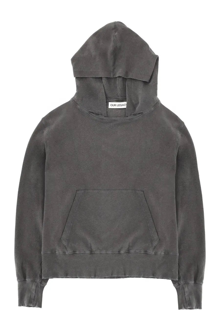 Our Legacy men’s felpa relic grey hoodie in dark gray cotton with front pocket and ribbed cuffs