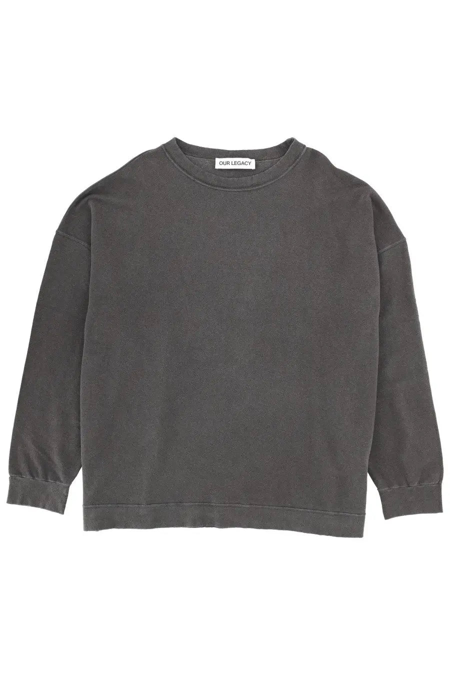 Our Legacy men’s felpa slack grey oversized dark gray crewneck sweatshirt with soft faded texture and ribbed cuffs