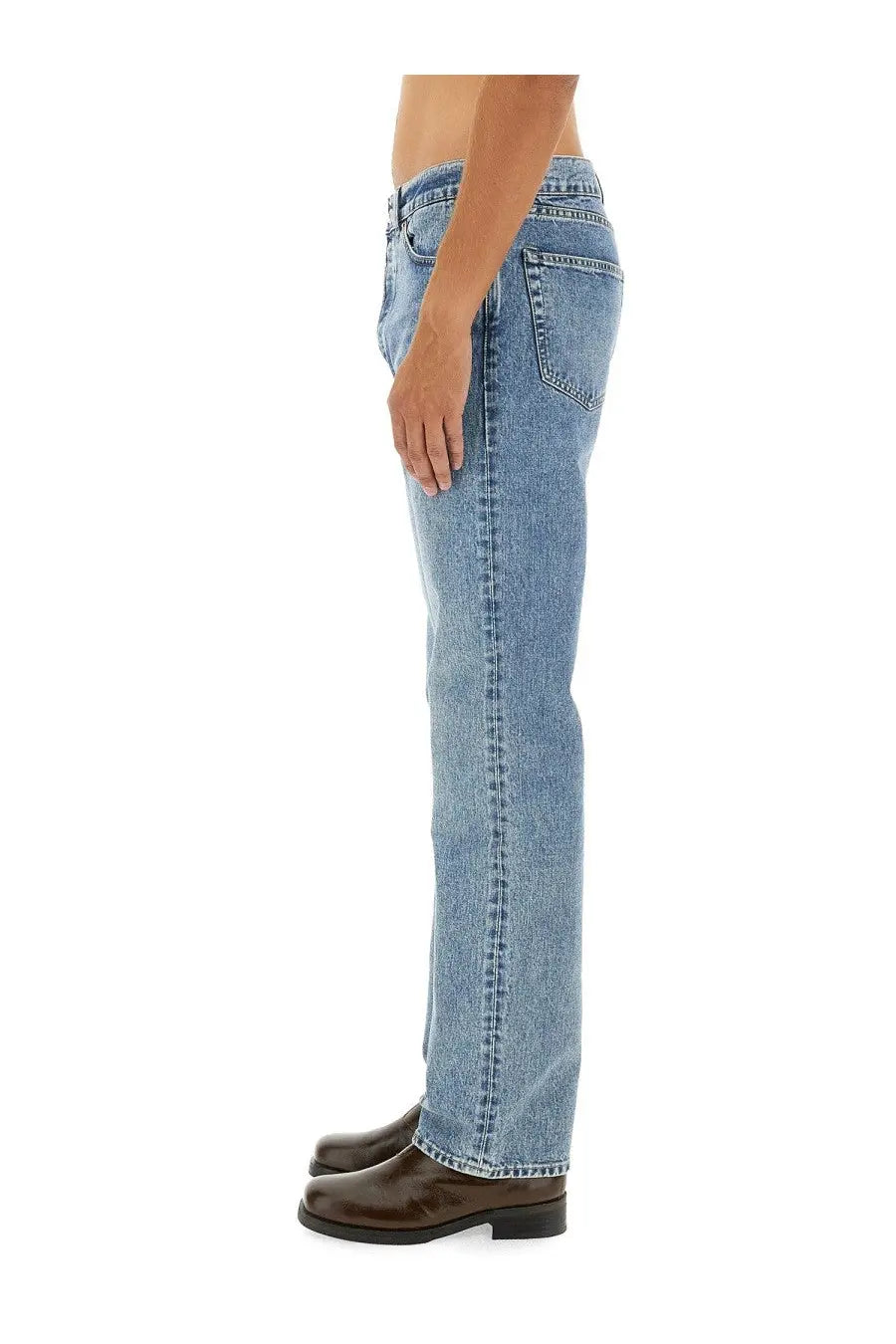 Our Legacy men’s first cut jeans blue light-wash denim with classic straight-leg cut and visible stitching details