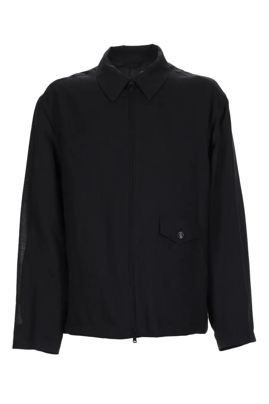 Our Legacy men’s giacca evolved black zip front jacket with collar and subtle mesh panel on left sleeve