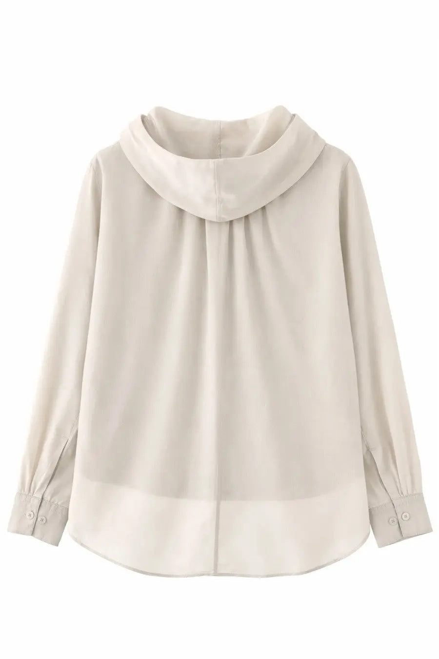 Beige hooded blouse with long sleeves and button cuffs shown with our legacy mens giacca rover shirt grey