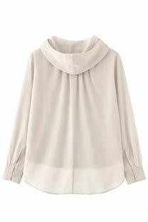 Beige hooded blouse with long sleeves and button cuffs shown with our legacy mens giacca rover shirt grey