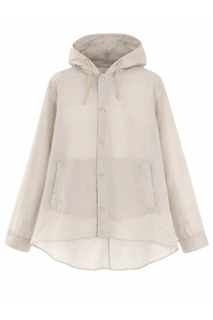 Our legacy men’s giacca rover shirt grey in beige hooded button-up coat with relaxed flowing silhouette and subtle pockets