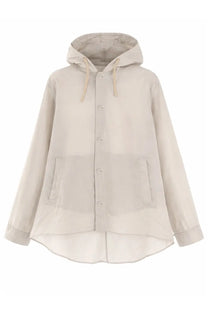 Our legacy men’s giacca rover shirt grey in beige hooded button-up coat with relaxed flowing silhouette and subtle pockets