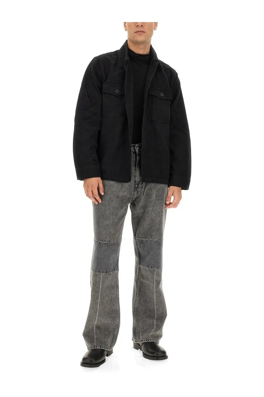Our Legacy men’s jeans extended third cut black black denim with faded patchwork design and flared legs