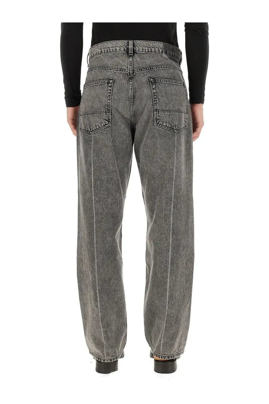 Wide-leg gray denim jeans with a faded distressed finish and classic back pockets shown from the back side