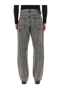 Wide-leg gray denim jeans with a faded distressed finish and classic back pockets shown from the back side