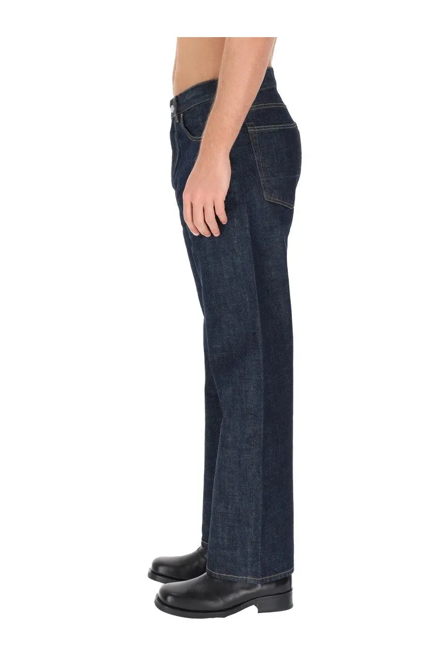 Our Legacy men’s jeans third cut blue dark indigo denim with straight-leg cut and classic five-pocket design