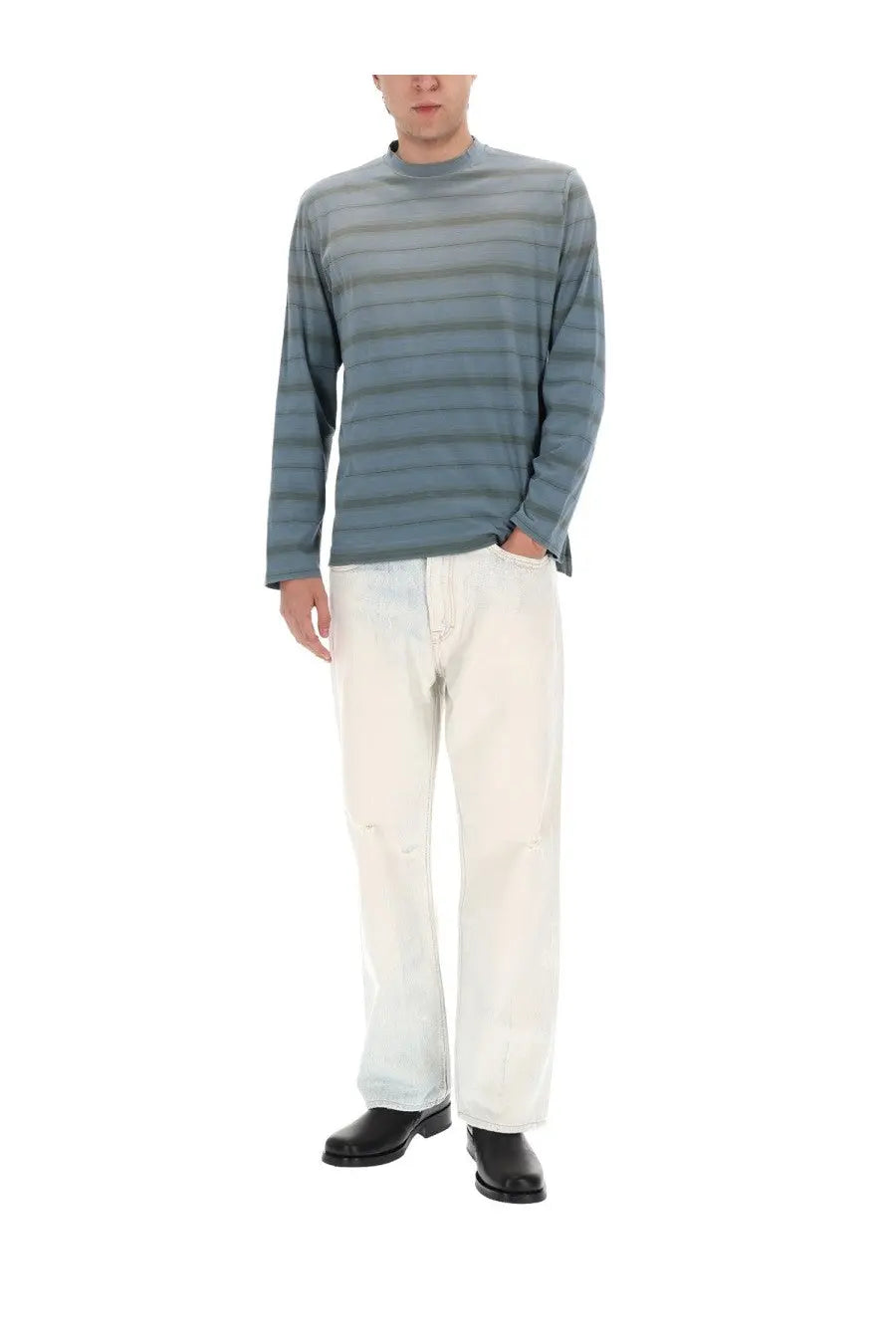 Our legacy men’s jeans third cut blue with a long-sleeved crew neck sweater in muted blue and gray stripes