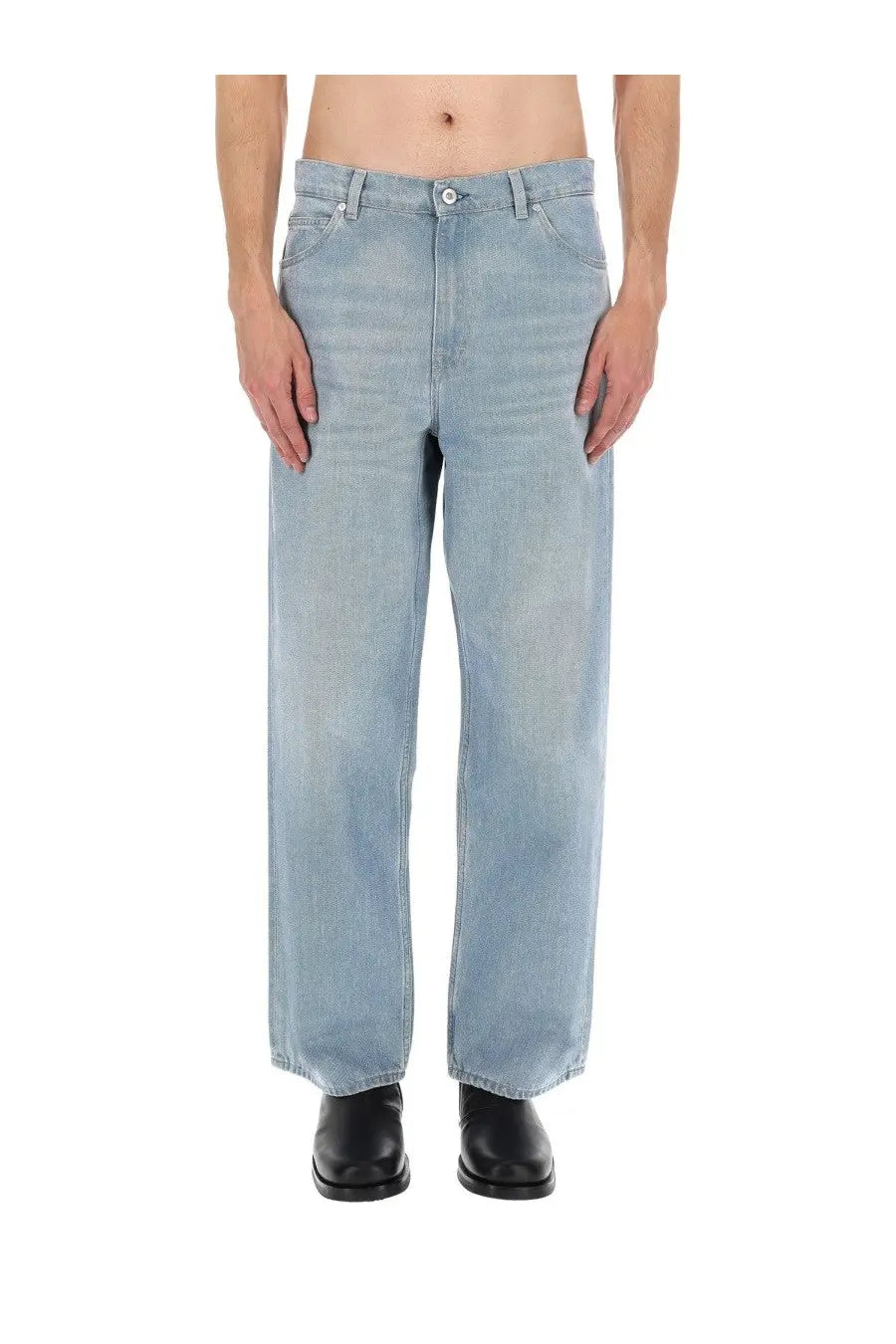 Light-wash denim jeans with straight-leg cut and classic five-pocket design from Our Legacy men’s Vast Cut Blue collection