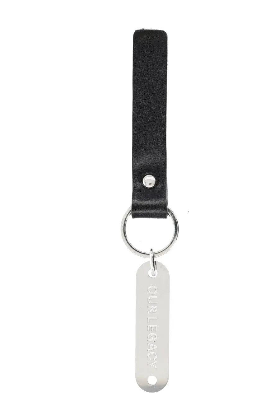 Our legacy men’s black leather keychain ring with silver metal tag engraved with our legacy logo