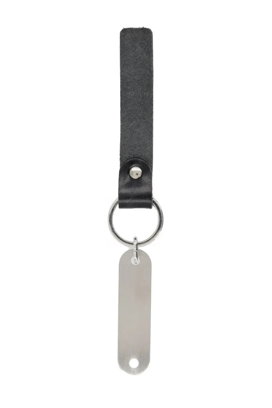 Our Legacy men’s keychain ring black featuring a black leather strap with a silver metal tag and ring