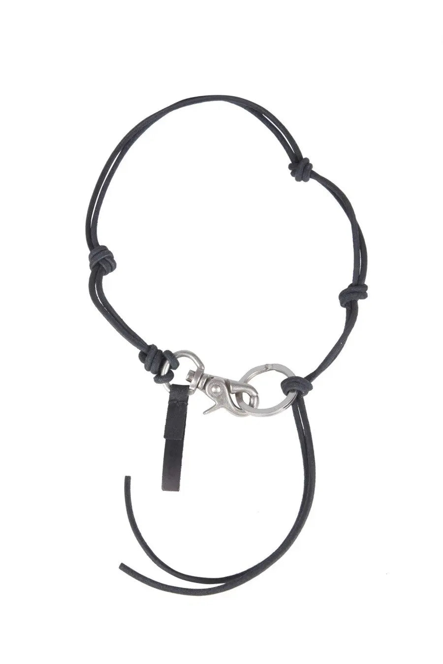 Our legacy men’s ladon necklace black featuring black leather cord keychain with silver-toned clasp and strap attachment