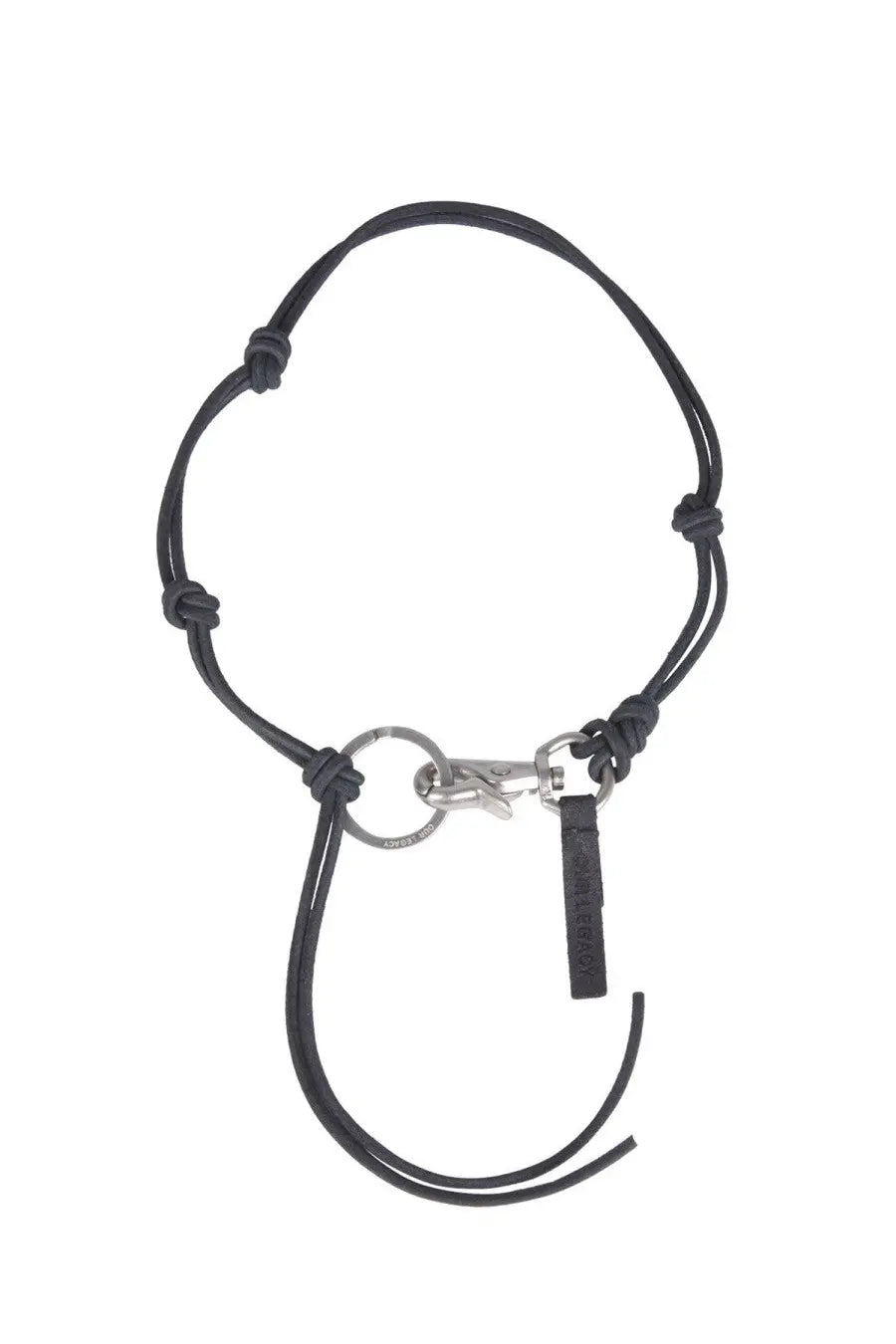 Our Legacy men s Ladon necklace black featuring a black leather keychain with silver metal clasp and small black tag