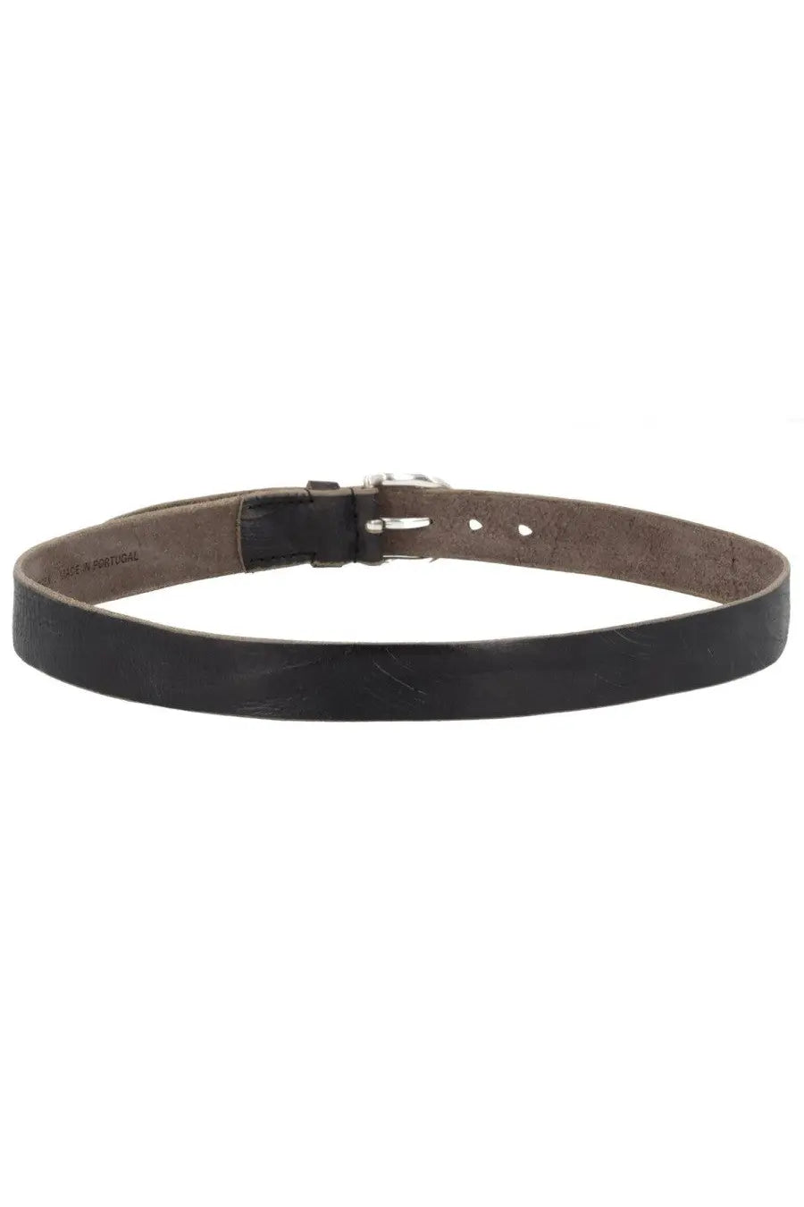 Our Legacy men’s leather belt brown with black leather, silver toned buckle, and visible stitching along edges
