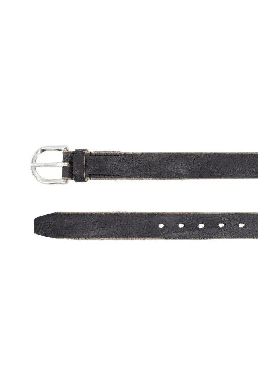 Our Legacy men’s black leather belt with silver toned buckle and visible stitching for stylish wear