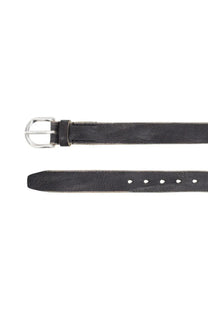 Our Legacy men’s black leather belt with silver toned buckle and visible stitching for stylish wear