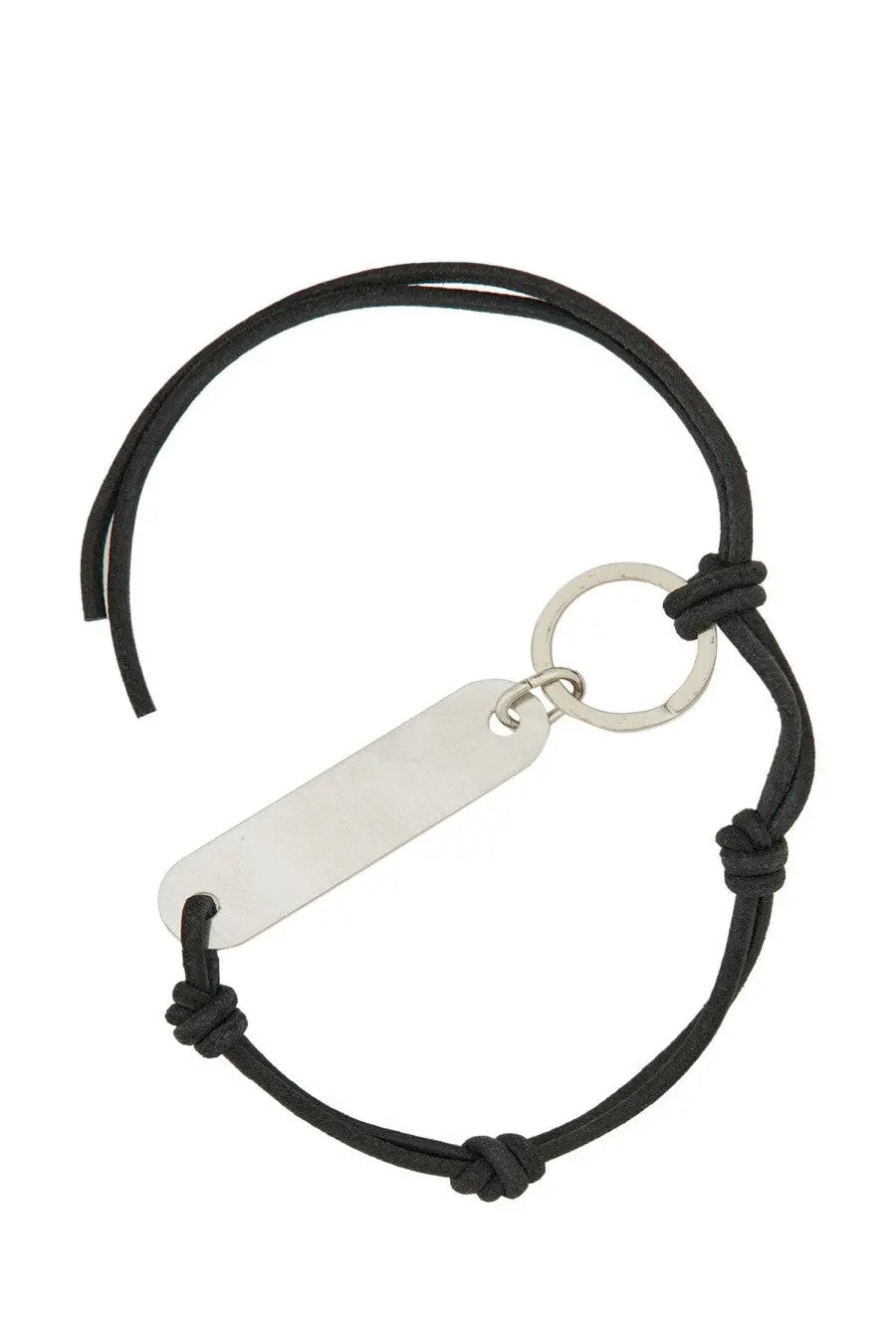 Black cord bracelet with silver rectangular tag and key ring from Our Legacy men’s leather keychain black collection