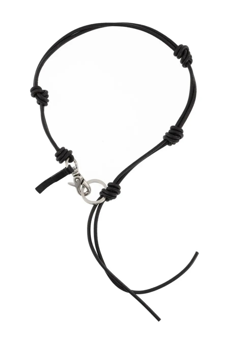 Our Legacy men’s leather keychain black featuring a black leather cord bracelet with silver clasp and decorative knots