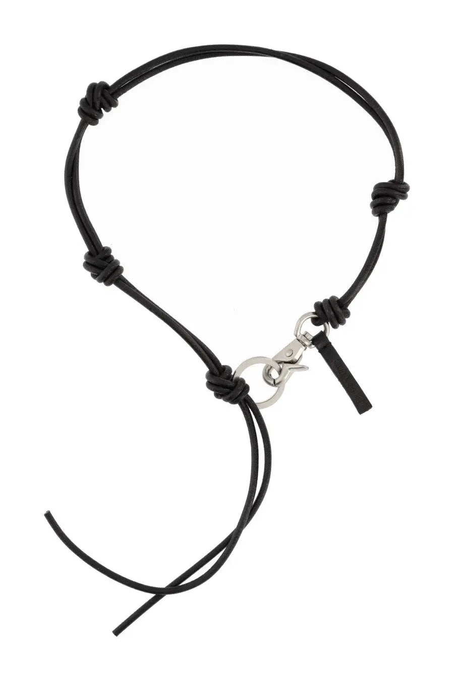 Black leather cord necklace with silver toned clasp and decorative knots featured with our legacy men’s leather keychain black