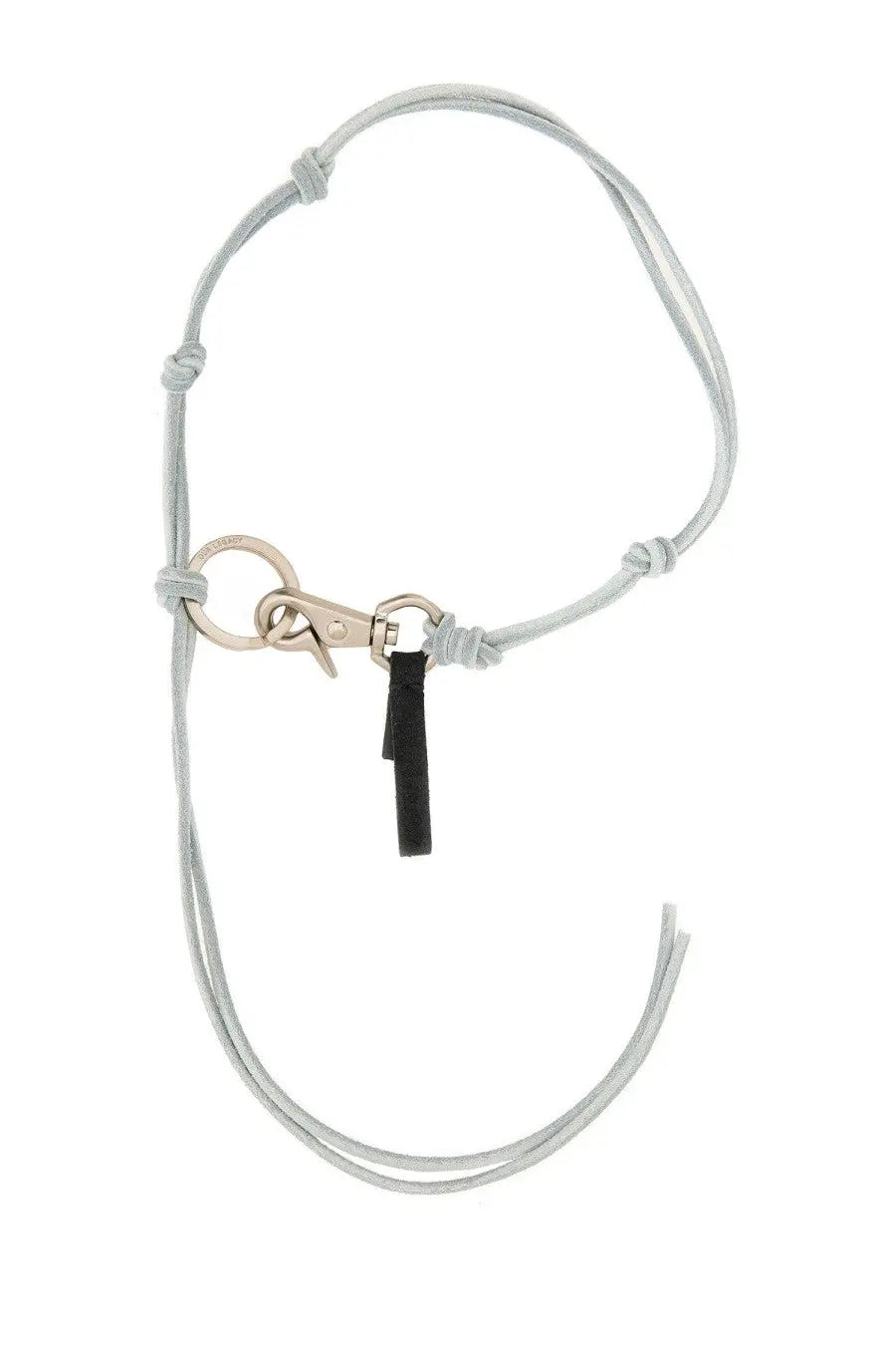 Our Legacy men’s leather keychain in light gray suede with silver clasp and black leather tag