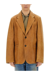 Our Legacy men’s leather opening blazer in tan suede with black buttons and subtle stitching details