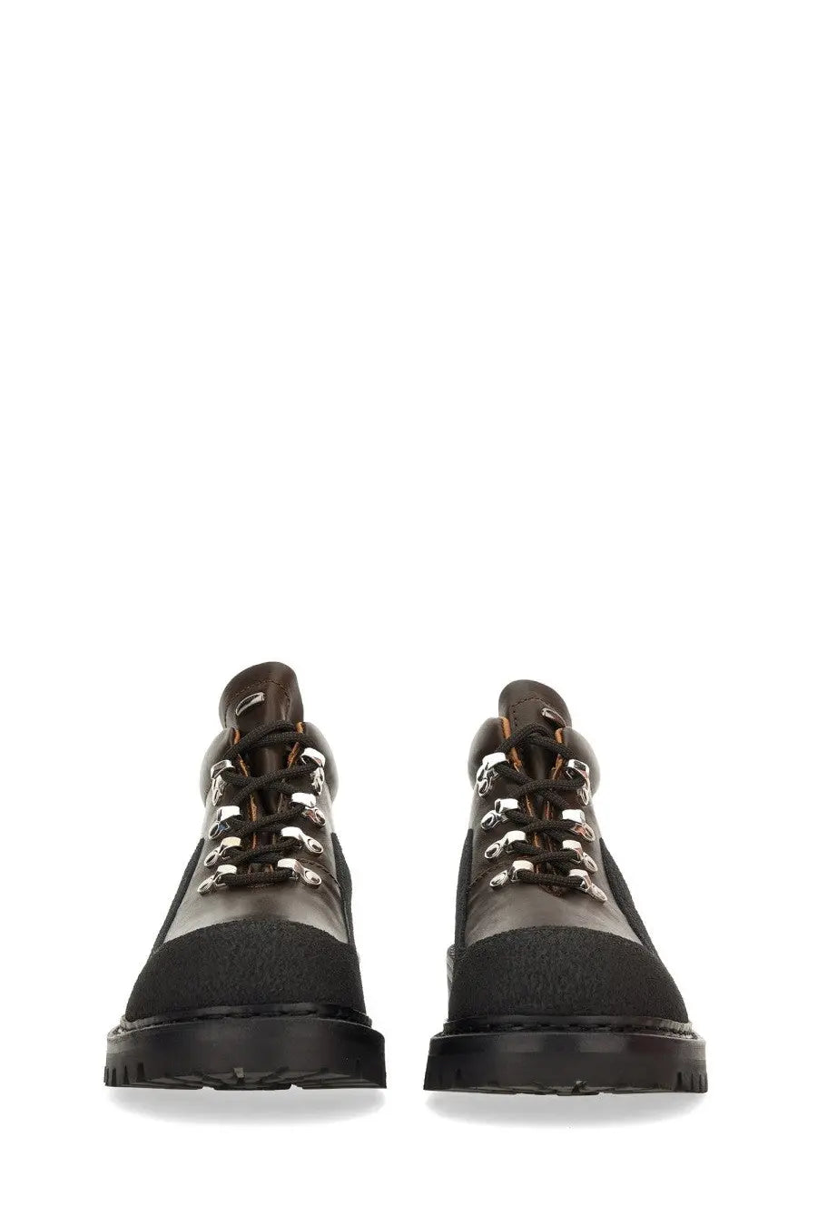 Our Legacy men’s leather quest shoe brown black leather and canvas hiking boots with silver metal eyelets front view