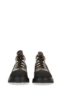 Our Legacy men’s leather quest shoe brown black leather and canvas hiking boots with silver metal eyelets front view