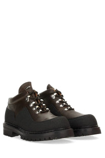 Our Legacy men’s leather Quest shoe brown lace-up boots with dark brown and black mixed materials and silver eyelets