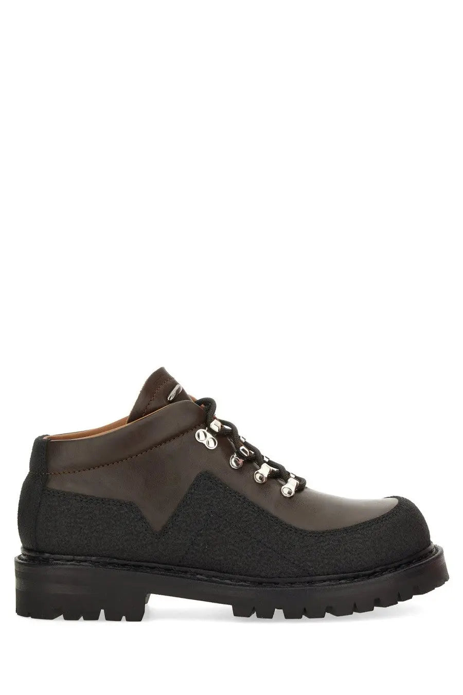 Our Legacy men’s leather quest shoe brown dark brown leather and suede hiking boot with silver toned eyelets