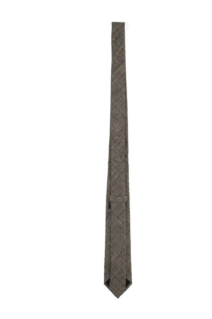 Our Legacy men’s linen tie brown with classic gray herringbone pattern subtle texture and pointed tip