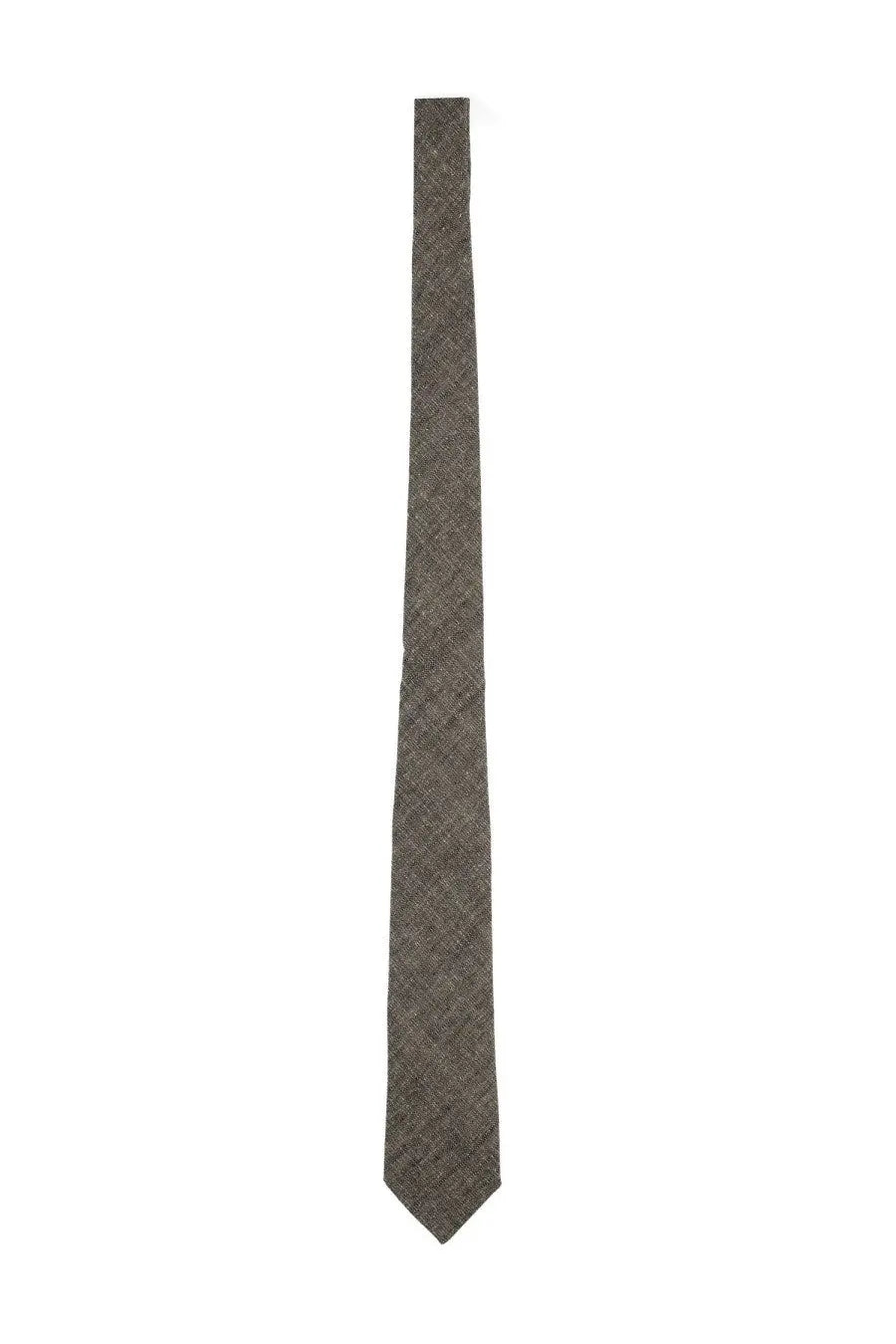 A slim dark gray linen tie with a subtle herringbone weave from our legacy mens collection