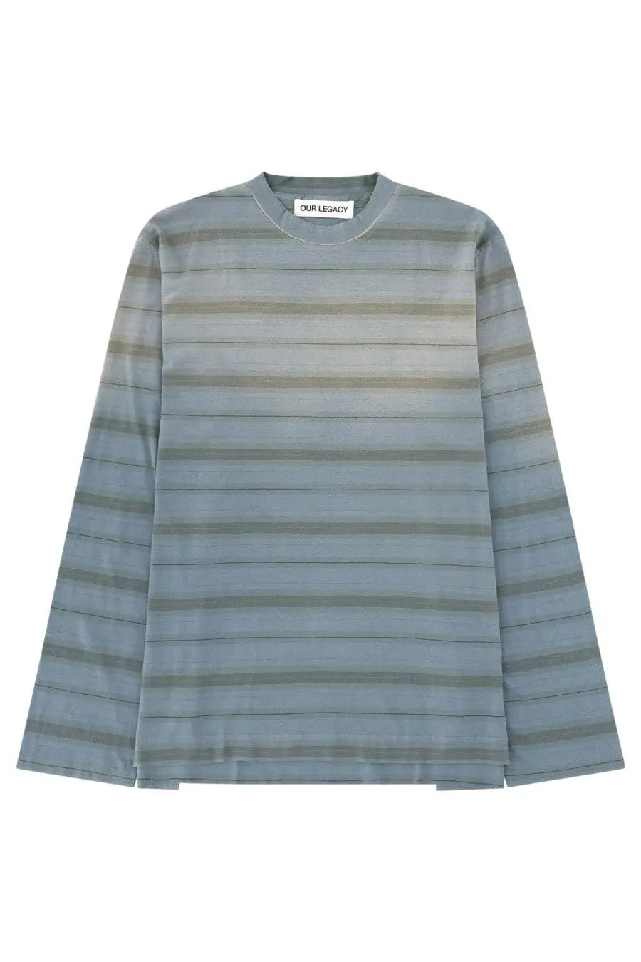 Our legacy men’s long sleeve box shirt in muted blue and gray horizontal stripes with subtle texture