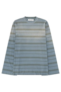 Our legacy men’s long sleeve box shirt in muted blue and gray horizontal stripes with subtle texture
