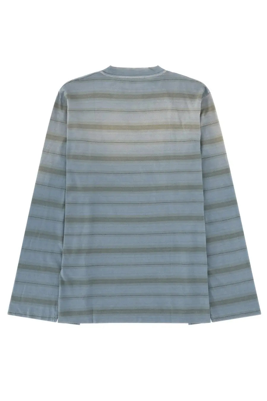 Our Legacy men’s long sleeve box shirt with blue and gray horizontal stripes made from soft fabric