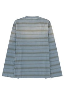 Our Legacy men’s long sleeve box shirt with blue and gray horizontal stripes made from soft fabric