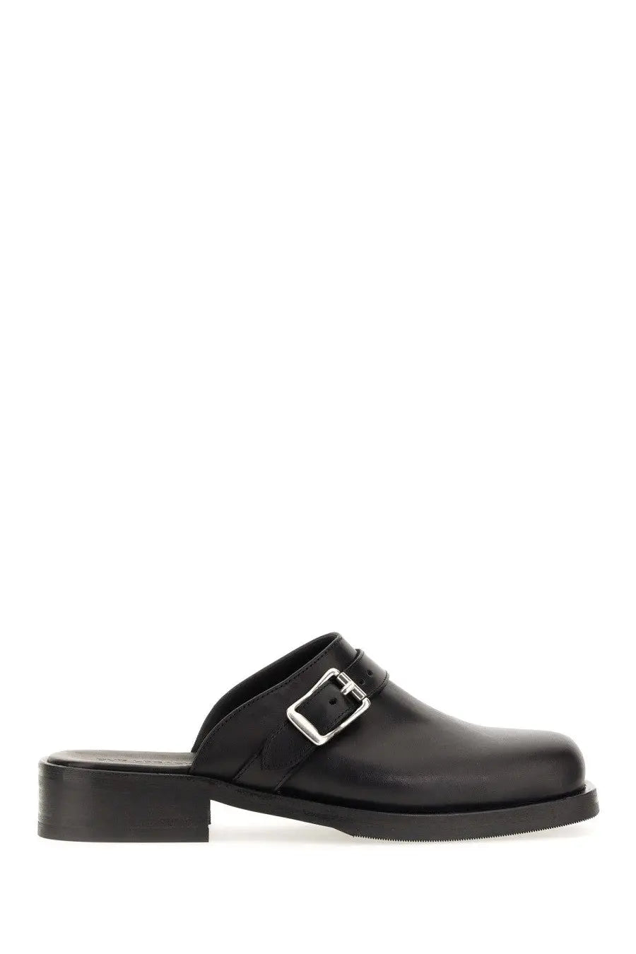 Our Legacy men’s mule camion black leather slip-on shoe with silver buckle and low block heel