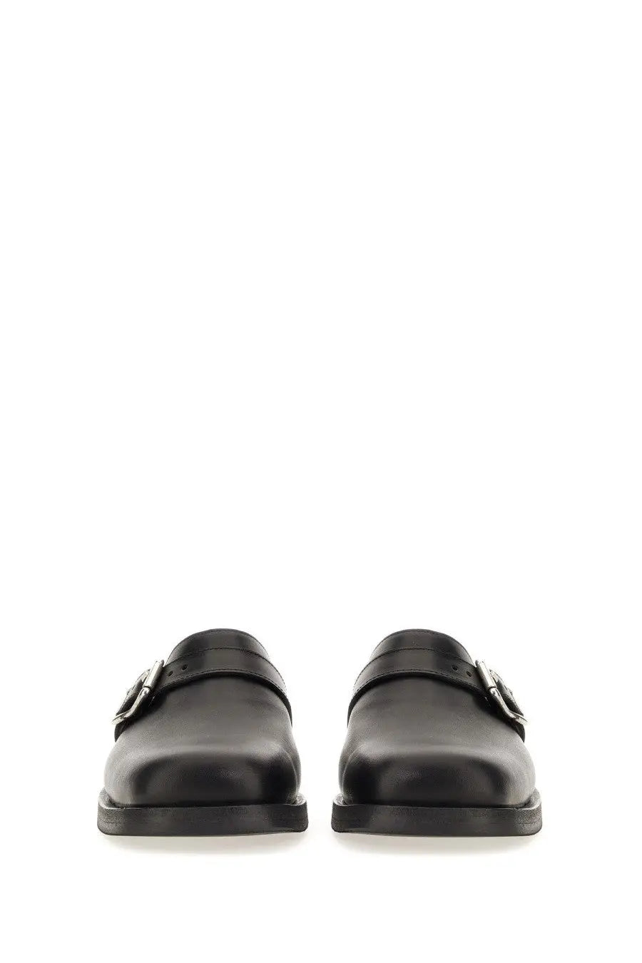 Our Legacy men’s mule truck black leather moccasin loafers with silver toned buckle details