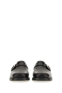 Our Legacy men’s mule truck black leather moccasin loafers with silver toned buckle details