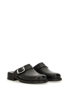 Our Legacy men’s mule truck black leather mules with silver buckle and low block heel front view