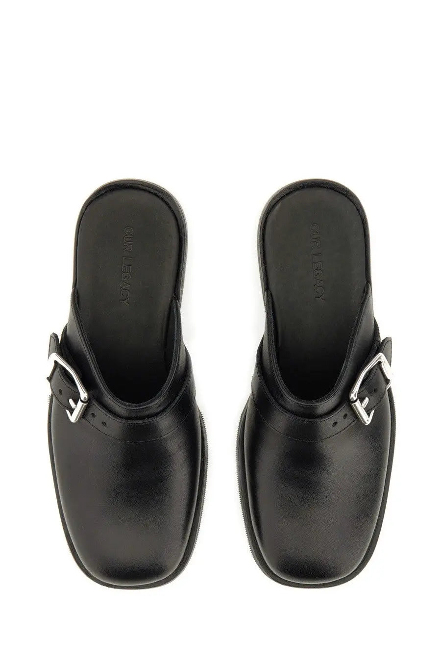 Our Legacy men’s mule truck black black leather mules with silver-toned buckle details front view