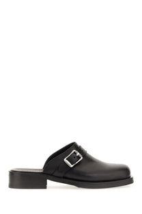 Our legacy men’s mule truck black black leather mule slip-on shoe with silver buckle and low block heel