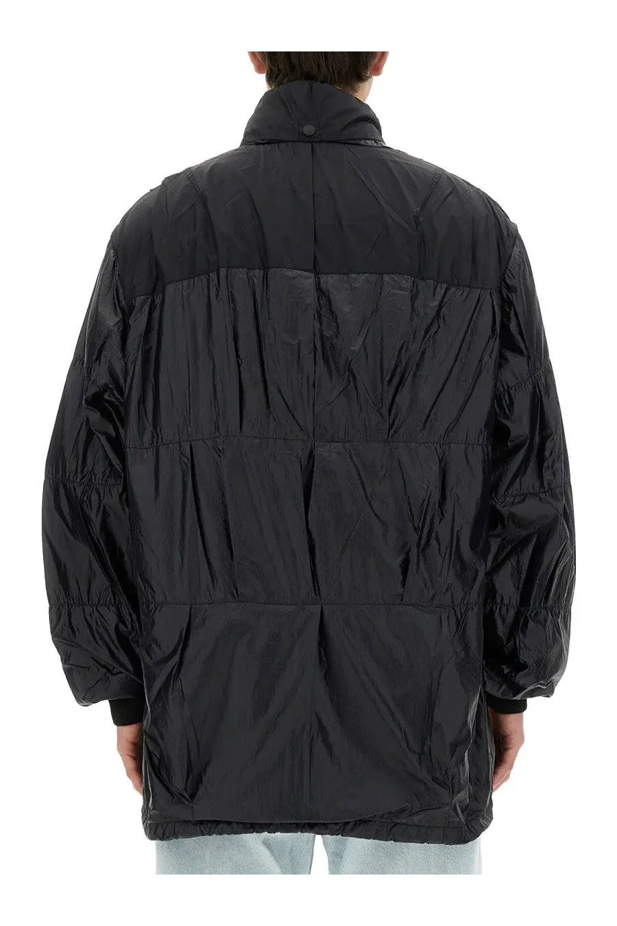 Our legacy men’s black nylon puffer jacket with quilted panels and a high collar for cold weather use