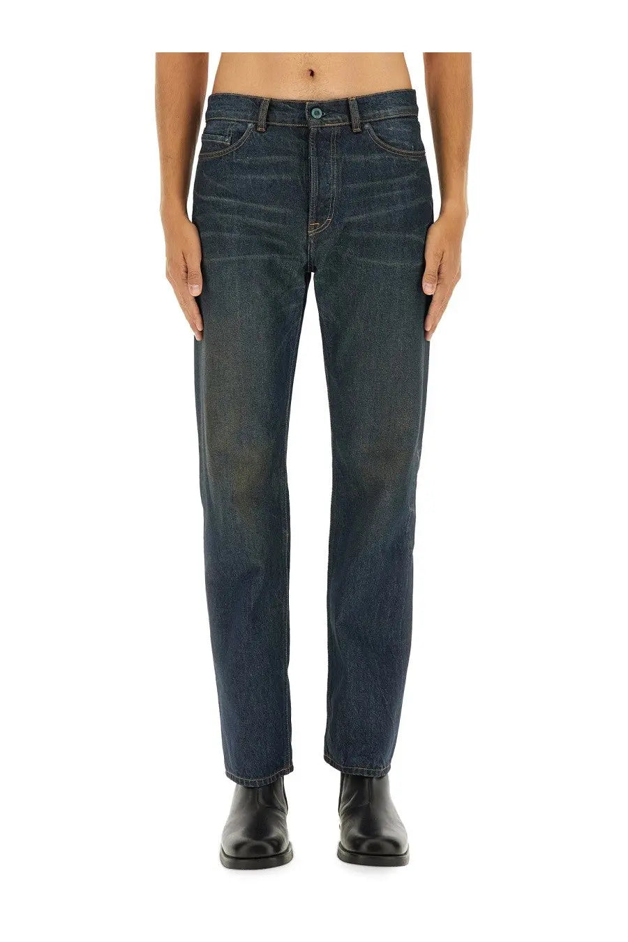 Our Legacy men’s dark indigo denim jeans with straight-leg cut and subtle fading in first cut blue color