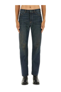 Our Legacy men’s dark indigo denim jeans with straight-leg cut and subtle fading in first cut blue color