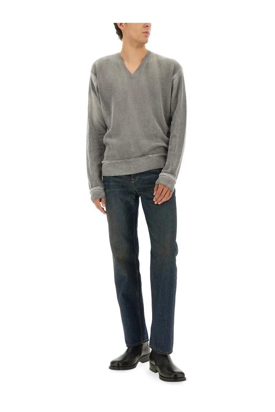 Our Legacy men’s parallel mesh grey soft heather v-neck sweater with ribbed cuffs and hem