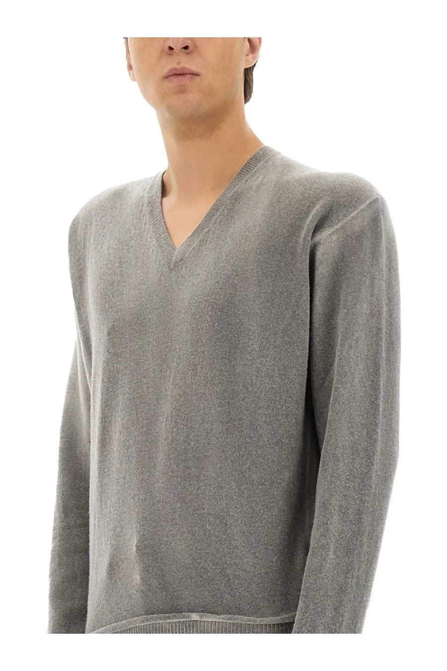 Our Legacy men’s parallel mesh grey soft heathered v-neck sweater with fine knit texture and ribbed hem