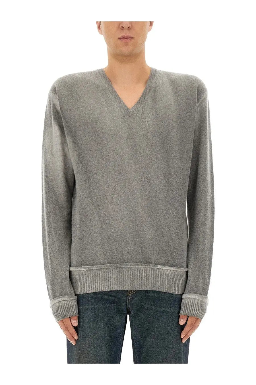 Our Legacy men’s parallel mesh grey soft heathered v-neck sweater with ribbed cuffs and hem