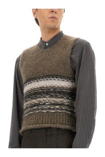 Brown knitted sweater vest with textured patterned band across the chest from our legacy mens pleaser tank vest multicolor collection